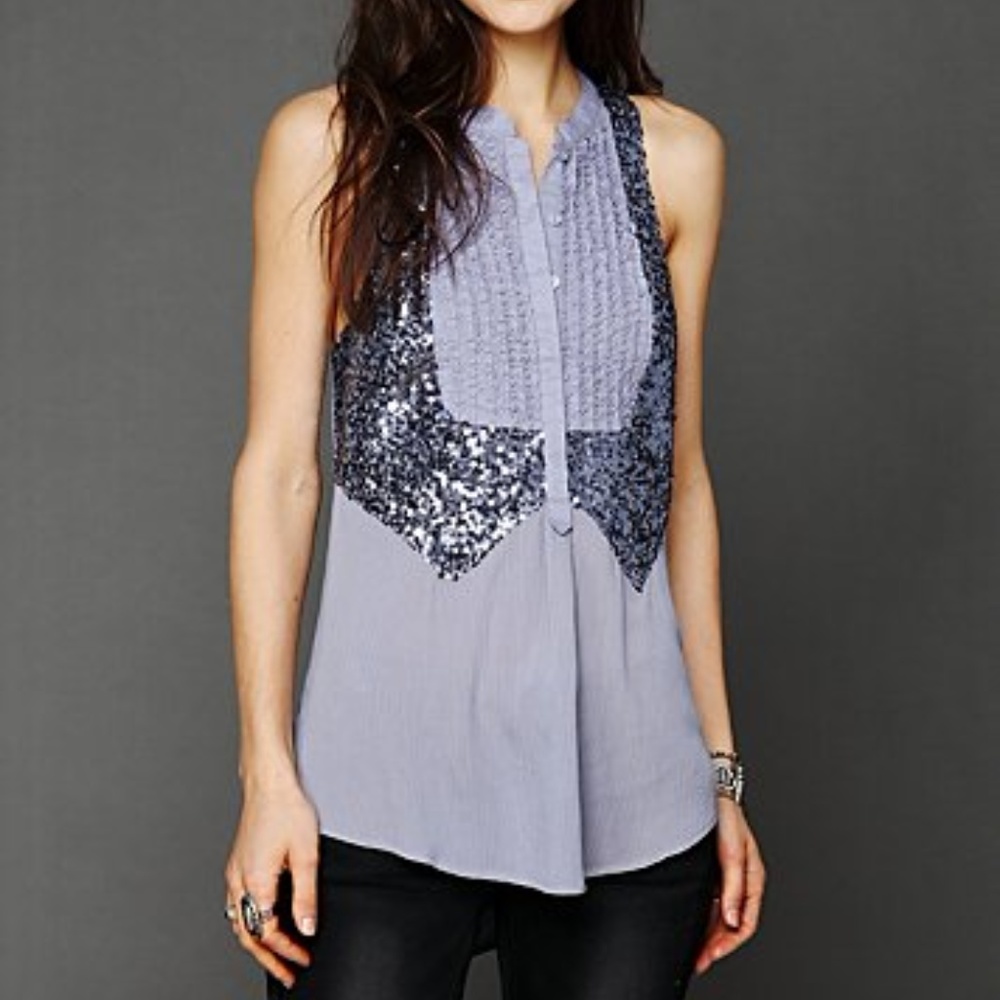 Free People Sequin Tuxedo Top XS